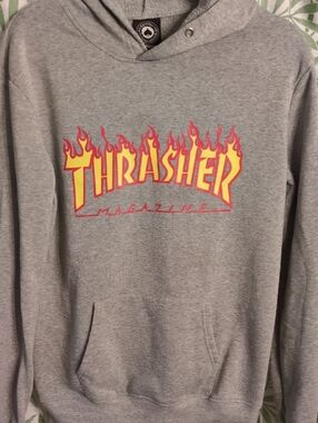 Thrasher Men's Gray Zip-Up Style Hoodie with Yellow and Red Flame Logo